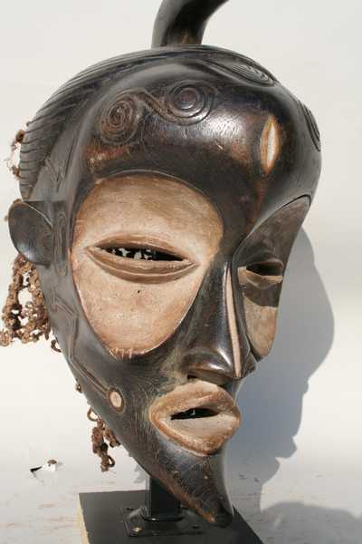Lulua(masque), d`afrique : rep.dem.Congo, statuette Lulua(masque), masque ancien africain Lulua(masque), art du rep.dem.Congo - Art Africain, collection privées Belgique. Statue africaine de la tribu des Lulua(masque), provenant du rep.dem.Congo, 1431/1147.Masque Lulua h.40cm.Le visage très pointu,les yeux concaves en amande et entouré de kaolin,ainsi que la bouche.Le dessus de la tête porte une corne en bois. Il porte encore son filet de coiffe.Milieu du 20eme sc.
(col Minga)

Lulua masker 40cm.h.Een aangezicht met heel scherpe kin,uitgeholde amandel ogen met Pembe Wit omringd alsook de mond.Op het hoofd staat een houten hoorn.Mooie scarificaties op het voorhoofd en in het aangezicht.midden de 20ste eeuw.Het masker heeft nog zijn halsnet.. art,culture,masque,statue,statuette,pot,ivoire,exposition,expo,masque original,masques,statues,statuettes,pots,expositions,expo,masques originaux,collectionneur d`art,art africain,culture africaine,masque africain,statue africaine,statuette africaine,pot africain,ivoire africain,exposition africain,expo africain,masque origina africainl,masques africains,statues africaines,statuettes africaines,pots africains,expositions africaines,expo africaines,masques originaux  africains,collectionneur d`art africain